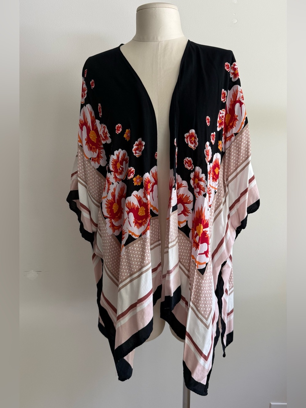 Steve Madden Black Kimono with Pink & Orange Floral Trim